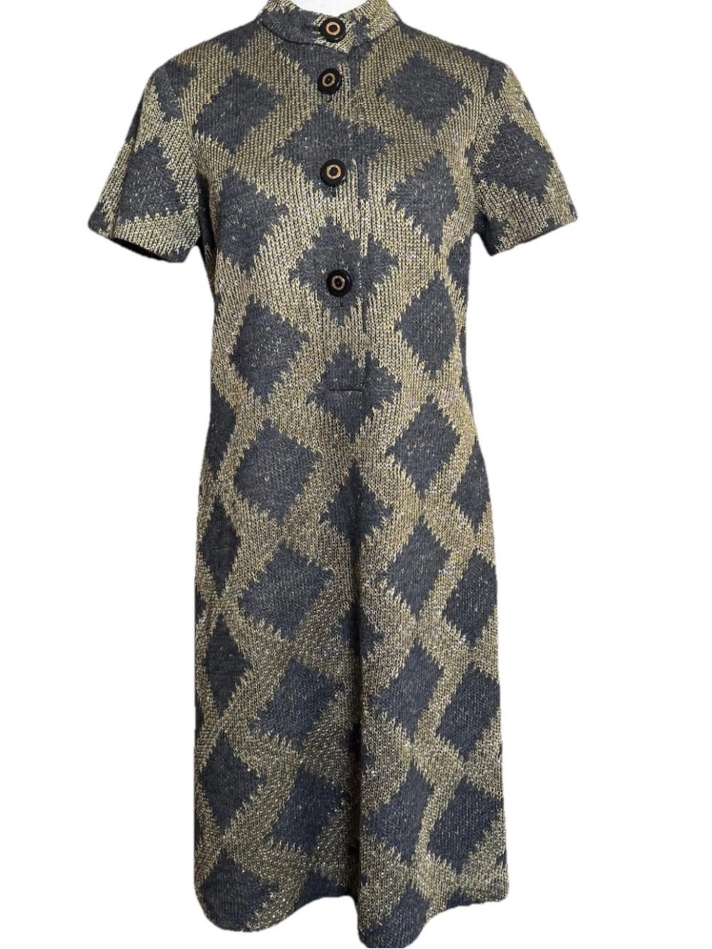 Tory Burch Shift Dress Gray Gold Metallic Medium Diamond Wool Blend Short Sleeve